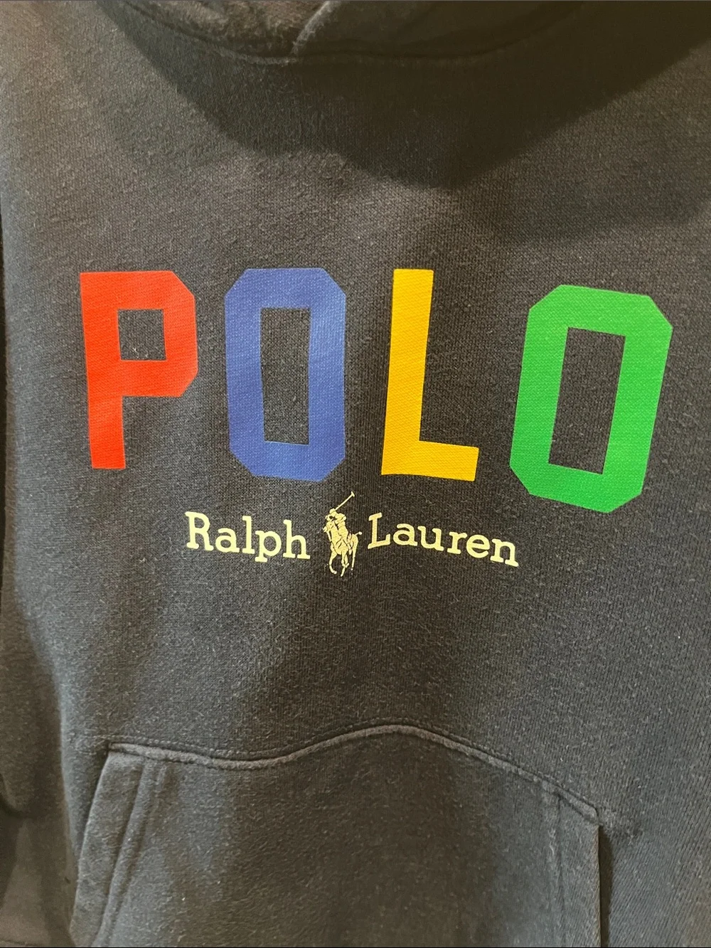 Ralph Lauren Navy Hoodie with Multicolor POLO Letters